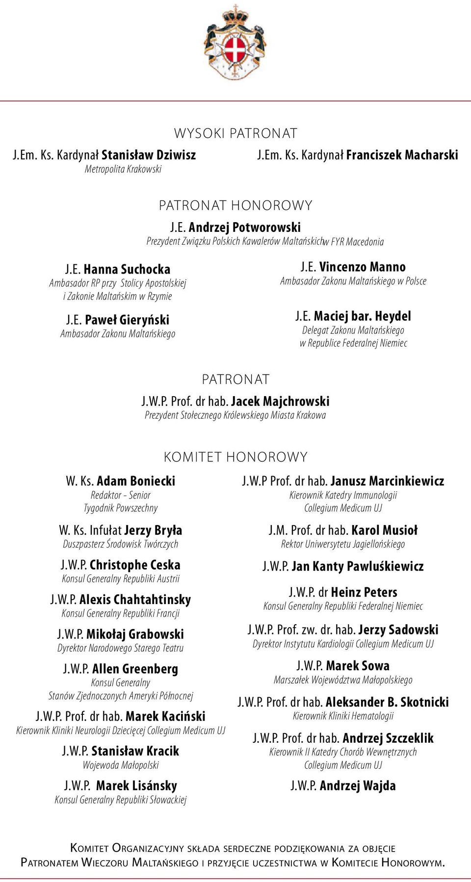 Jacek Majchrowski Prezydent Stołecznego Królewskiego Miasta Krakowa J.E. Vincenzo Manno Ambasador Zakonu Maltańskiego w Polsce J.E. Maciej bar.