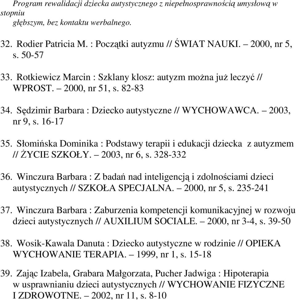 Słomińska Dominika : Podstawy terapii i edukacji dziecka z autyzmem // śycie SZKOŁY. 2003, nr 6, s. 328-332 36.