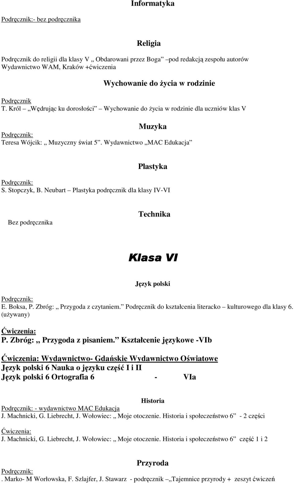 Neubart Plastyka podręcznik dla klasy IV-VI Technika Klasa VI E. Boksa, P. Zbróg: Przygoda z czytaniem. Podręcznik do kształcenia literacko kulturowego dla klasy 6. (uŝywany) P.