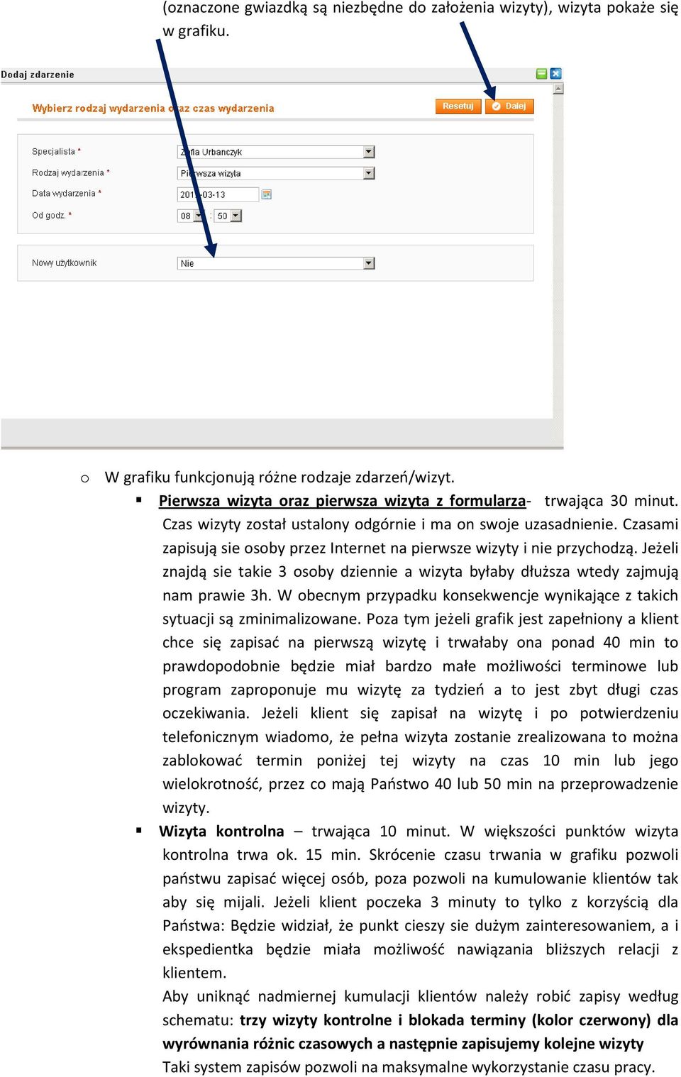 Czasami zapisują sie osoby przez Internet na pierwsze wizyty i nie przychodzą. Jeżeli znajdą sie takie 3 osoby dziennie a wizyta byłaby dłuższa wtedy zajmują nam prawie 3h.