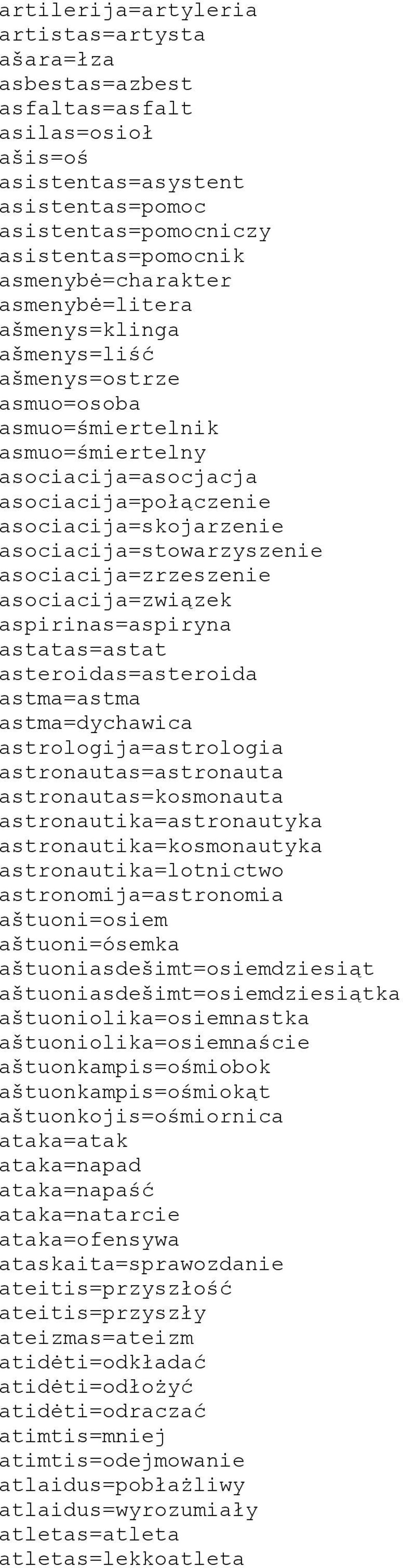 asociacija=zrzeszenie asociacija=związek aspirinas=aspiryna astatas=astat asteroidas=asteroida astma=astma astma=dychawica astrologija=astrologia astronautas=astronauta astronautas=kosmonauta