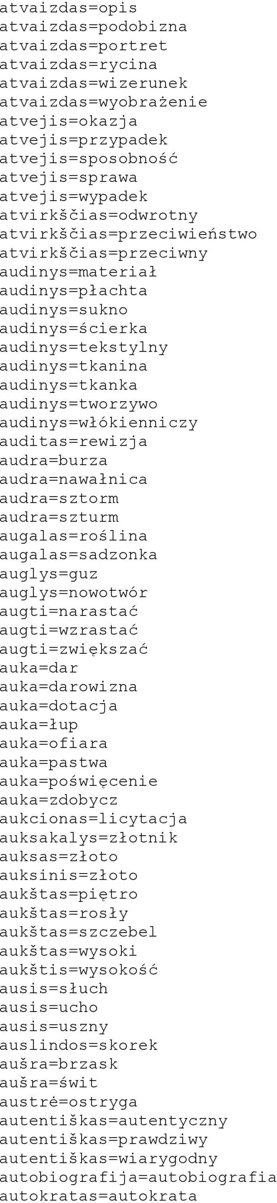 audinys=włókienniczy auditas=rewizja audra=burza audra=nawałnica audra=sztorm audra=szturm augalas=roślina augalas=sadzonka auglys=guz auglys=nowotwór augti=narastać augti=wzrastać augti=zwiększać