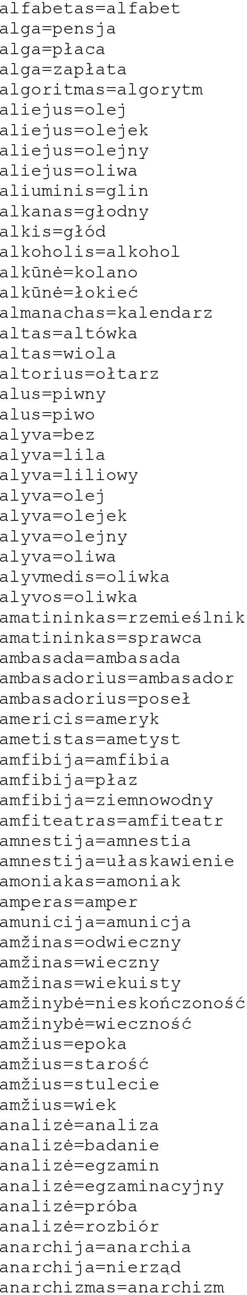 alyvmedis=oliwka alyvos=oliwka amatininkas=rzemieślnik amatininkas=sprawca ambasada=ambasada ambasadorius=ambasador ambasadorius=poseł americis=ameryk ametistas=ametyst amfibija=amfibia amfibija=płaz