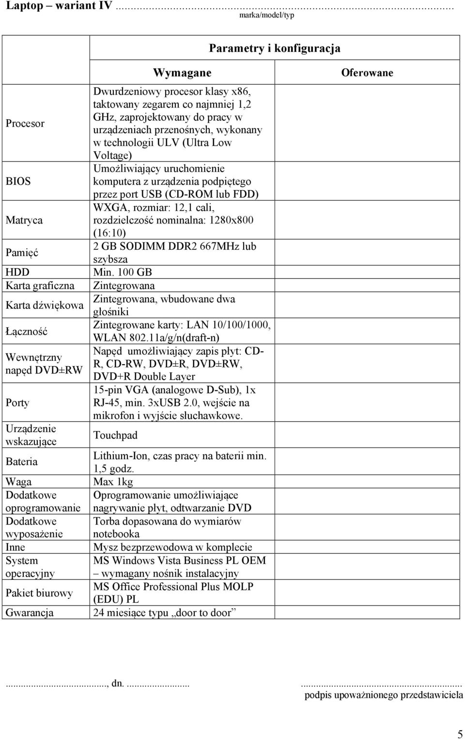 12,1 cali, rozdzielczość nominalna: 1280x800 2 GB SODIMM DDR2 667MHz lub Min. 100 GB Zintegrowana WLAN 802.