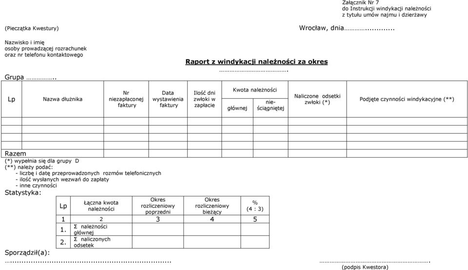 windykacyjne (**) (*) wypełnia się dla grupy D (**) naleŝy podać: - liczbę i datę przeprowadzonych rozmów telefonicznych - ilość wysłanych wezwań do zapłaty - inne