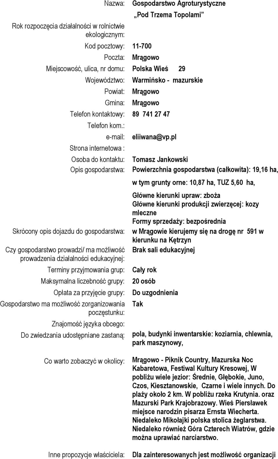 : e-mail: Strona internetowa : Osoba do kontaktu: Opis gospodarstwa: Skrócony opis dojazdu do gospodarstwa: Czy gospodarstwo prowadzi/ ma możliwość prowadzenia działalności edukacyjnej: Terminy