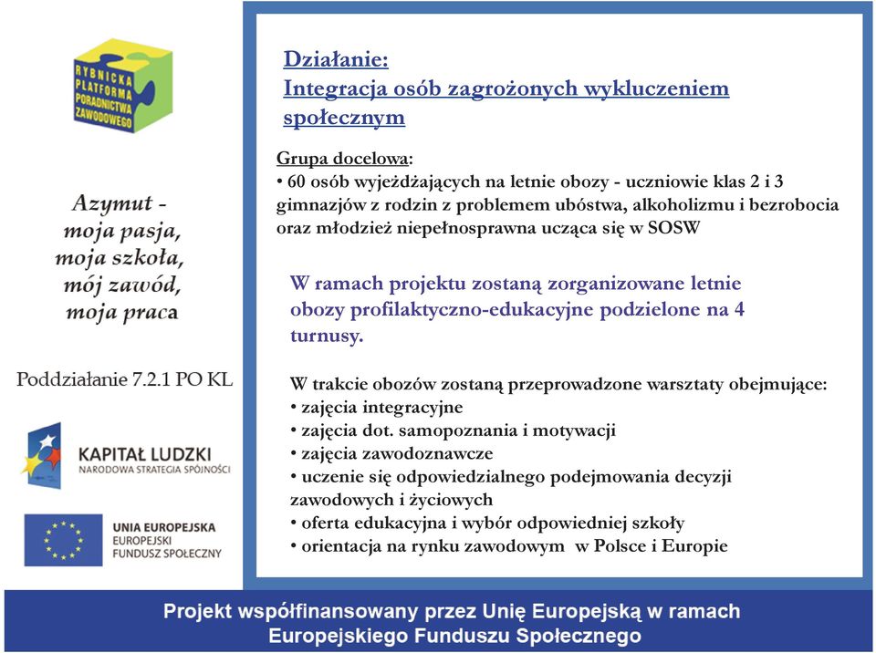 profilaktyczno-edukacyjne podzielone na 4 turnusy. W trakcie obozów zostaną przeprowadzone warsztaty obejmujące: zajęcia integracyjne zajęcia dot.