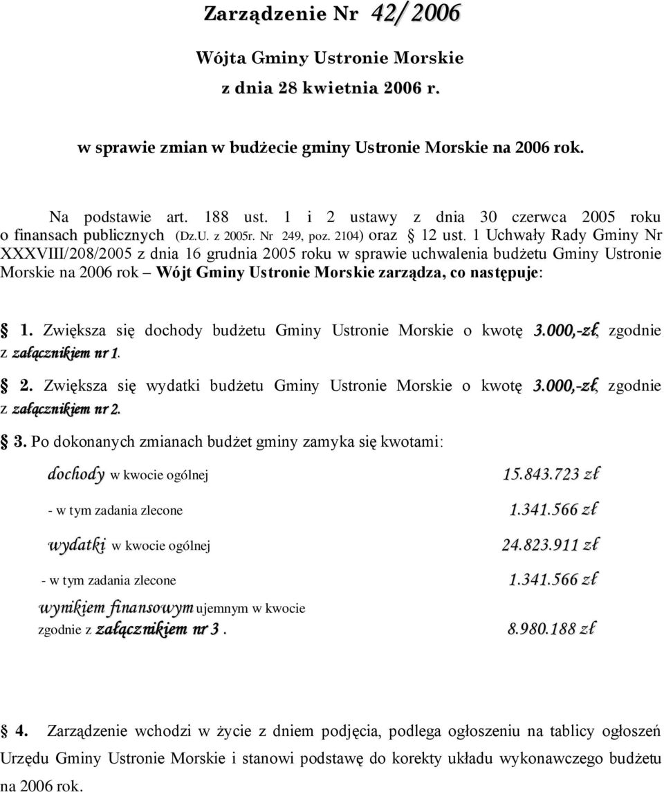 1 Uchwały Rady Gminy Nr XXXVIII/208/2005 z dnia 16 grudnia 2005 roku w sprawie uchwalenia budŝetu Gminy Ustronie Morskie na 2006 rok Wójt Gminy Ustronie Morskie zarządza, co następuje: 1.