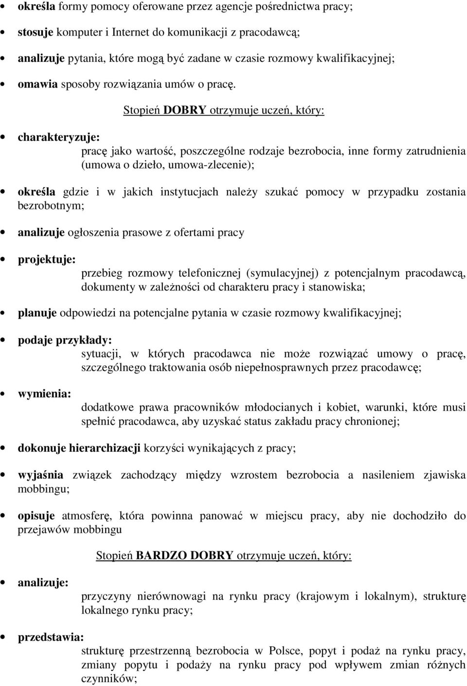 charakteryzuje: pracę jako wartość, poszczególne rodzaje bezrobocia, inne formy zatrudnienia (umowa o dzieło, umowa-zlecenie); określa gdzie i w jakich instytucjach należy szukać pomocy w przypadku