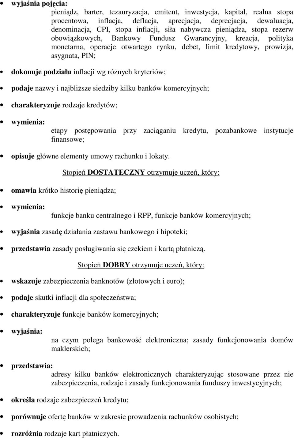 podziału inflacji wg różnych kryteriów; podaje nazwy i najbliższe siedziby kilku banków komercyjnych; charakteryzuje rodzaje kredytów; etapy postępowania przy zaciąganiu kredytu, pozabankowe