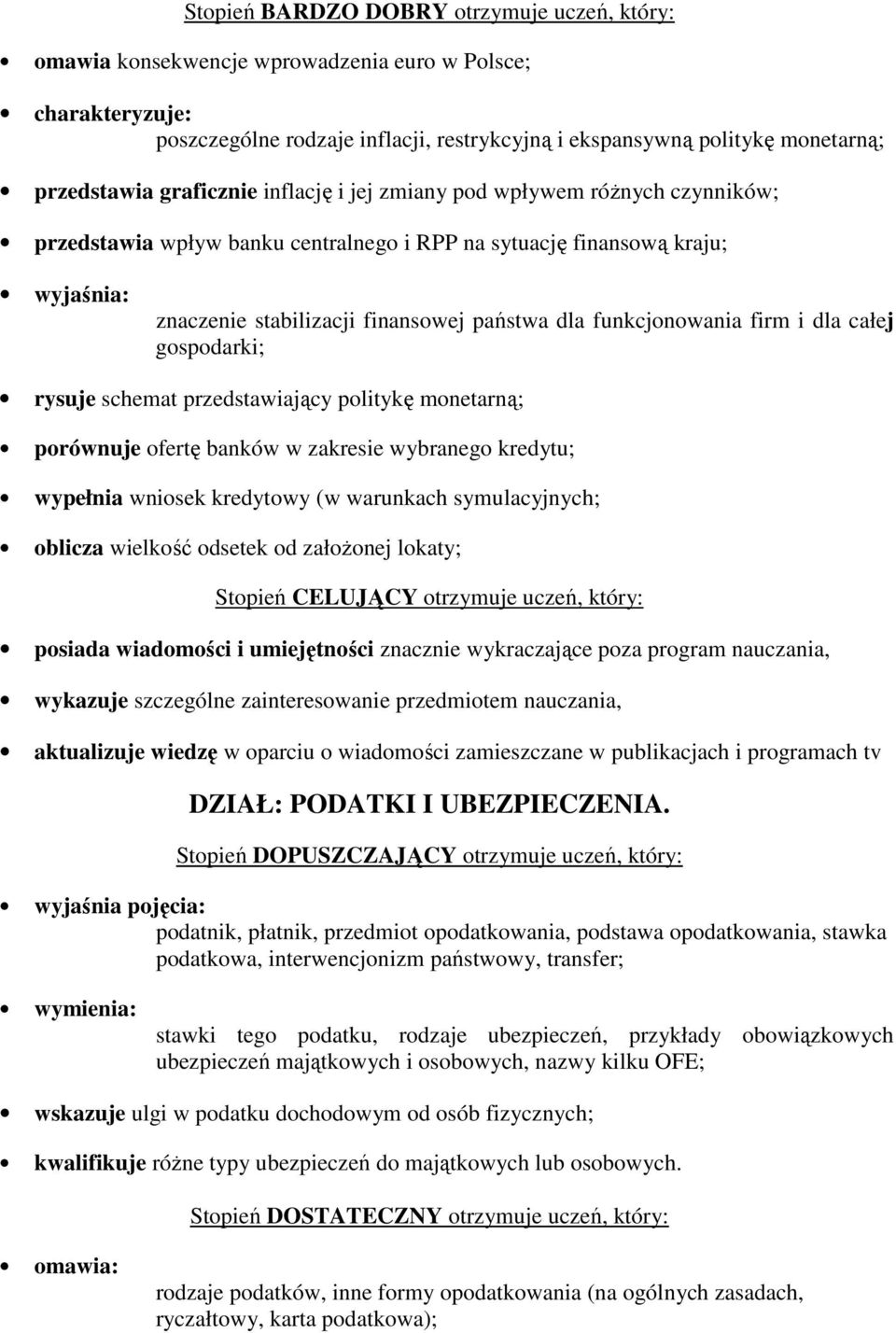 firm i dla całej gospodarki; rysuje schemat przedstawiający politykę monetarną; porównuje ofertę banków w zakresie wybranego kredytu; wypełnia wniosek kredytowy (w warunkach symulacyjnych; oblicza