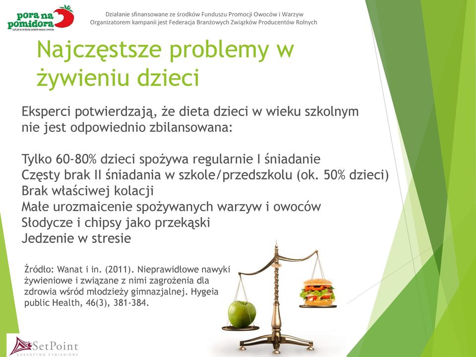 50% dzieci) Brak właściwej kolacji Małe urozmaicenie spożywanych warzyw i owoców Słodycze i chipsy jako przekąski Jedzenie w stresie