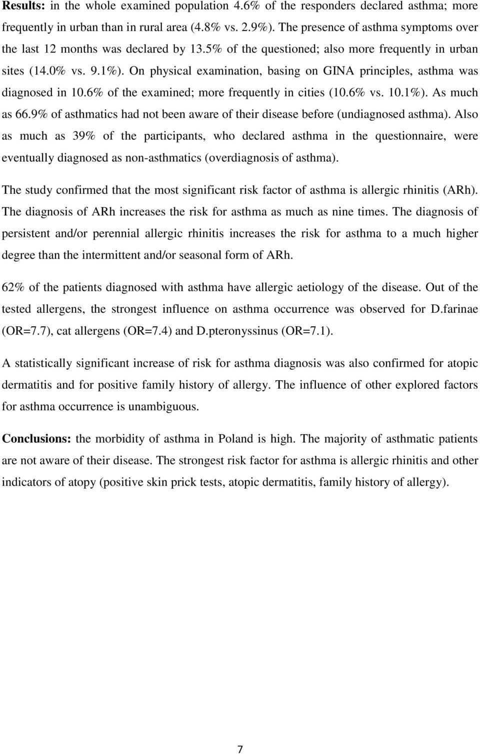 On physical examination, basing on GINA principles, asthma was diagnosed in 10.6% of the examined; more frequently in cities (10.6% vs. 10.1%). As much as 66.