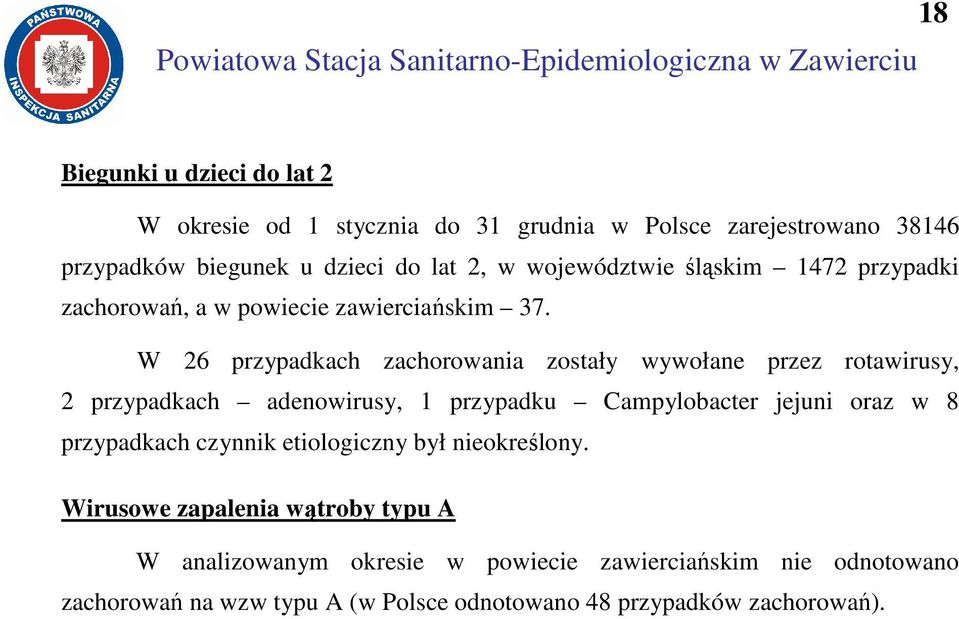 W 26 przypadkach zachorowania zostały wywołane przez rotawirusy, 2 przypadkach adenowirusy, 1 przypadku Campylobacter jejuni oraz w 8 przypadkach czynnik