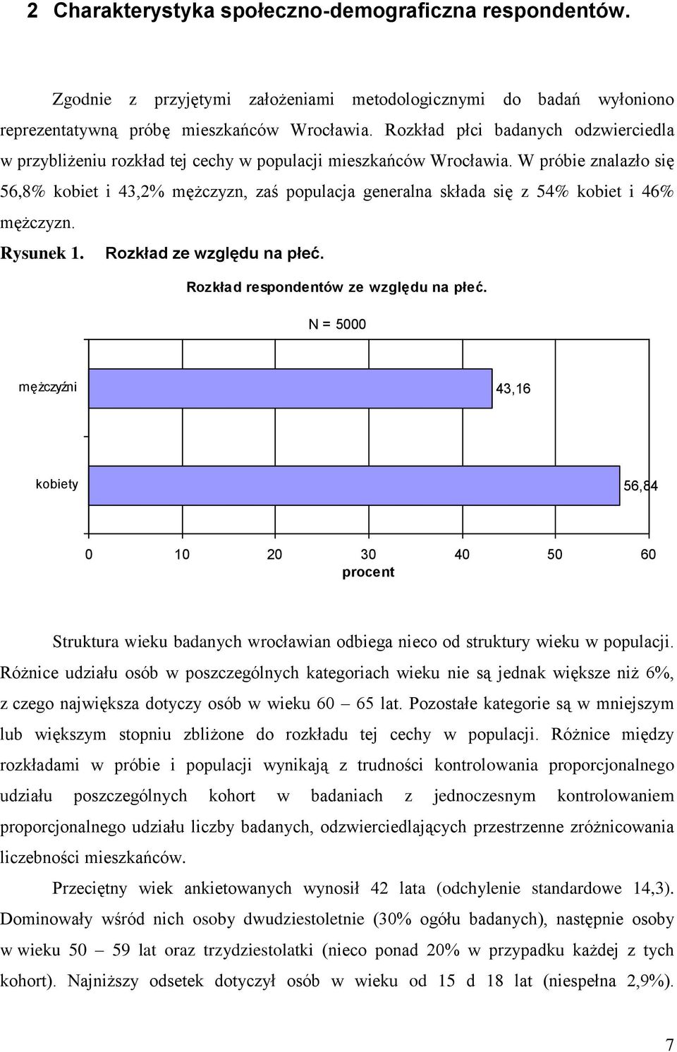 W próbie znalazło się 56,8% kobiet i 43,2% mężczyzn, zaś populacja generalna składa się z 54% kobiet i 46% mężczyzn. Rysunek 1. Rozkład ze względu na płeć. Rozkład respondentów ze względu na płeć.