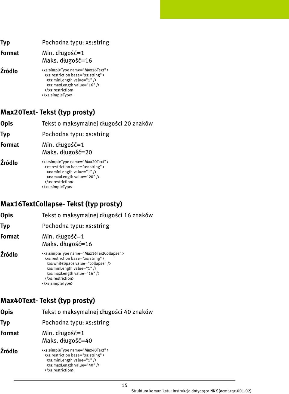 długość=20 <xs:simplee name="max20text" > <xs:maxlength value="20" /> </xs:simplee> Max16TextCollapse- Tekst (typ prosty) Tekst o maksymalnej długości