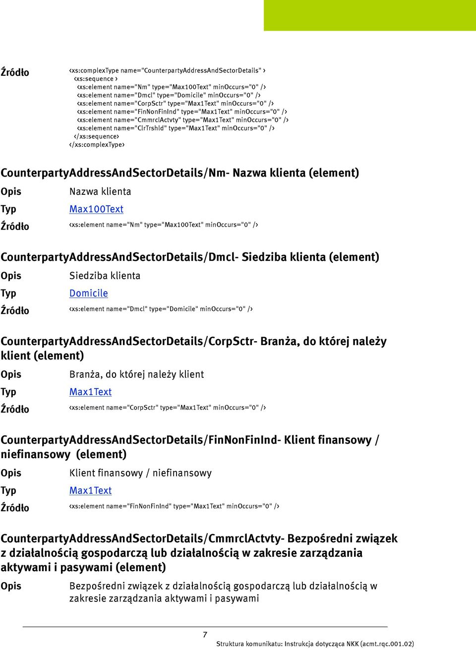 type="max1text" minoccurs="0" /> </xs:complexe> CounterpartyAddressAndSectorDetails/Nm- Nazwa klienta (element) Nazwa klienta Max100Text <xs:element name="nm" type="max100text" minoccurs="0" />