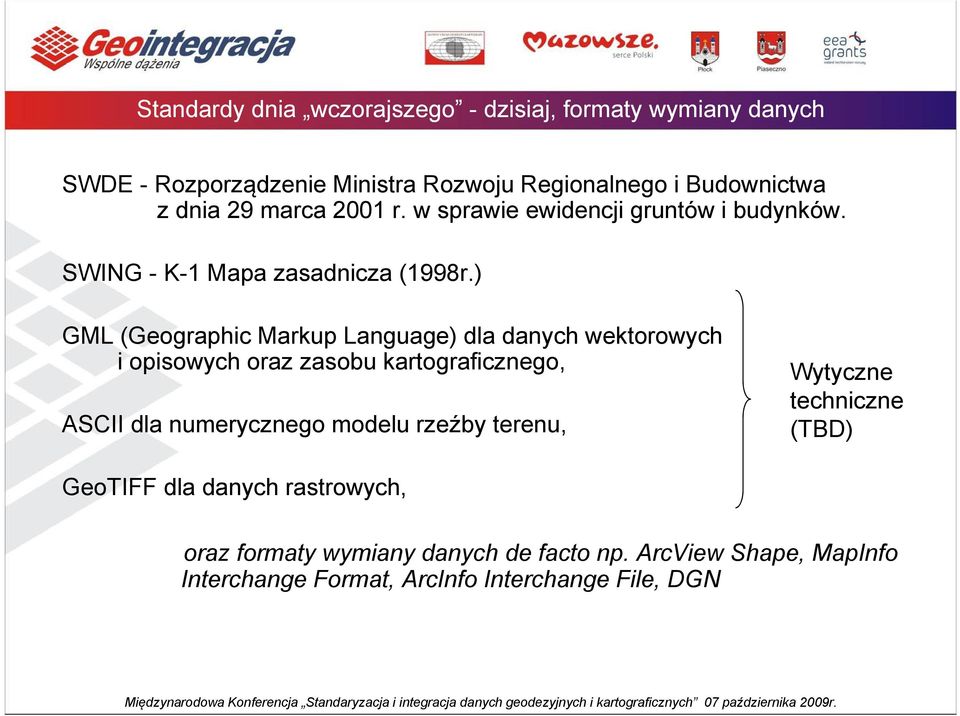 ) GML (Geographic Markup Language) dla danych wektorowych i opisowych oraz zasobu kartograficznego, ASCII dla numerycznego modelu