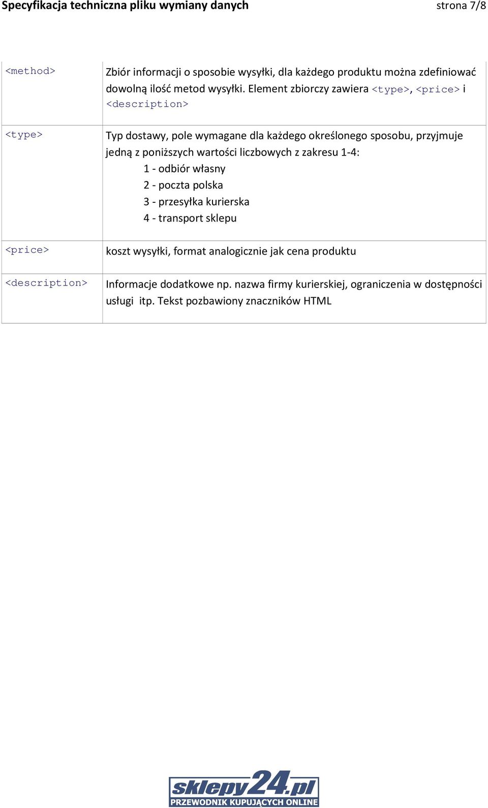 Element zbiorczy zawiera <type>, <price> i <description> Typ dostawy, pole wymagane dla każdego określonego sposobu, przyjmuje jedną z poniższych wartości