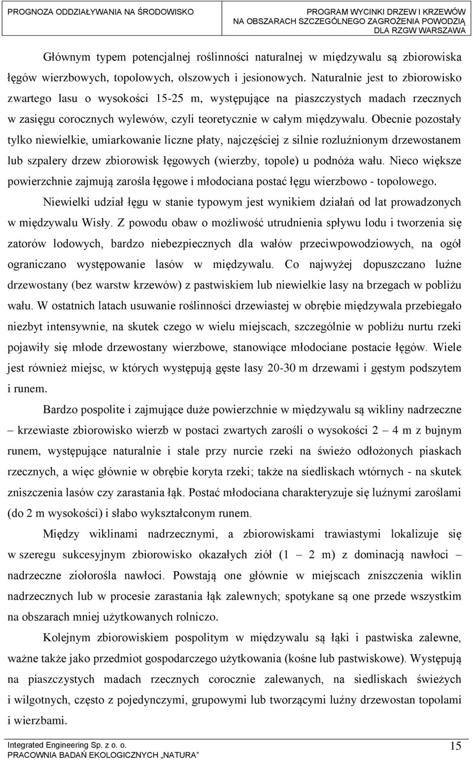 Obecnie pozostały tylko niewielkie, umiarkowanie liczne płaty, najczęściej z silnie rozluźnionym drzewostanem lub szpalery drzew zbiorowisk łęgowych (wierzby, topole) u podnóża wału.