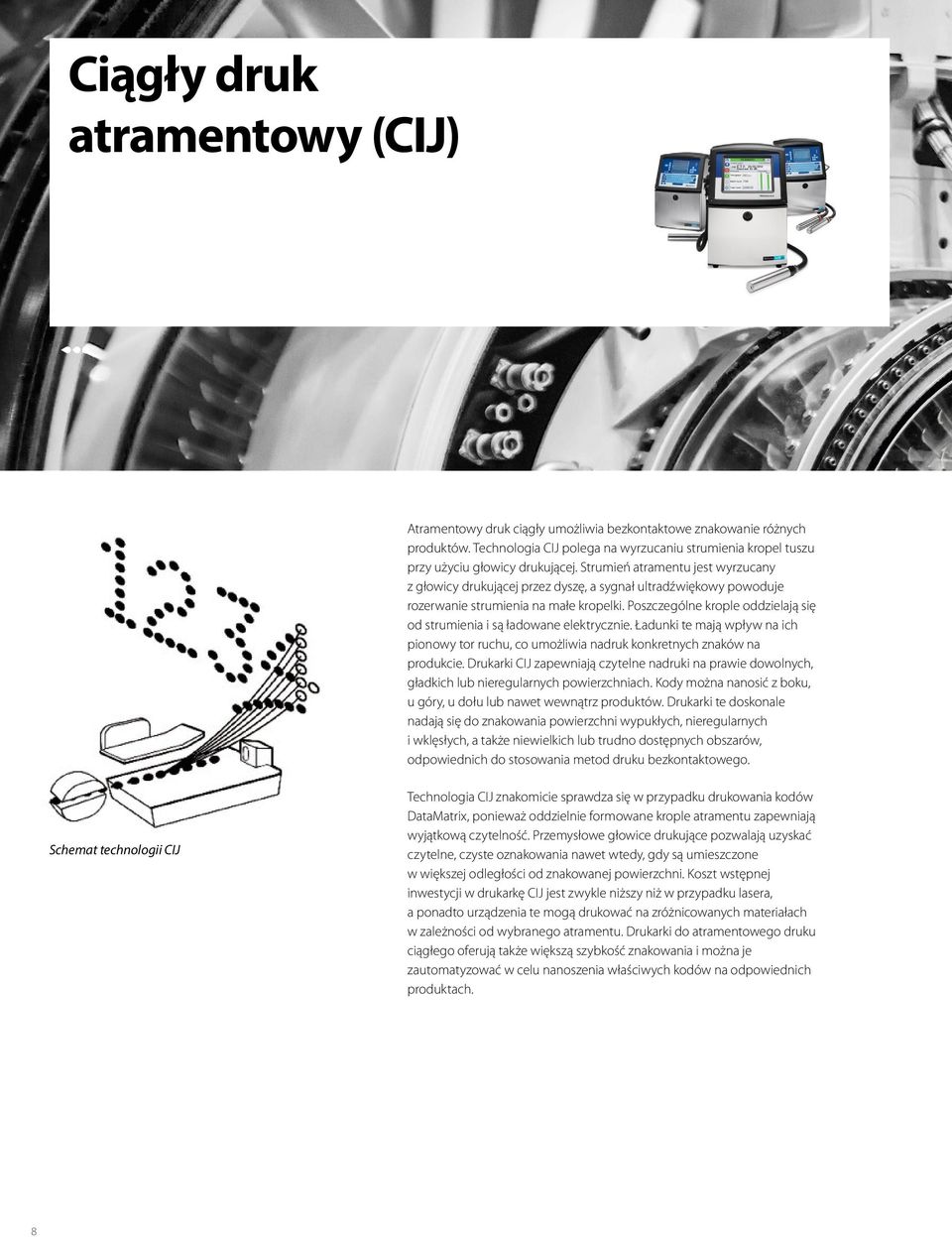 Poszczególne krople oddzielają się od strumienia i są ładowane elektrycznie. Ładunki te mają wpływ na ich pionowy tor ruchu, co umożliwia nadruk konkretnych znaków na produkcie.