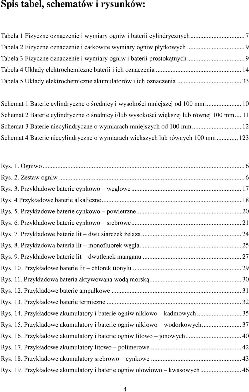 .. 14 Tabela 5 Układy elektrochemiczne akumulatorów i ich oznaczenia... 33 Schemat 1 Baterie cylindryczne o średnicy i wysokości mniejszej od 100 mm.