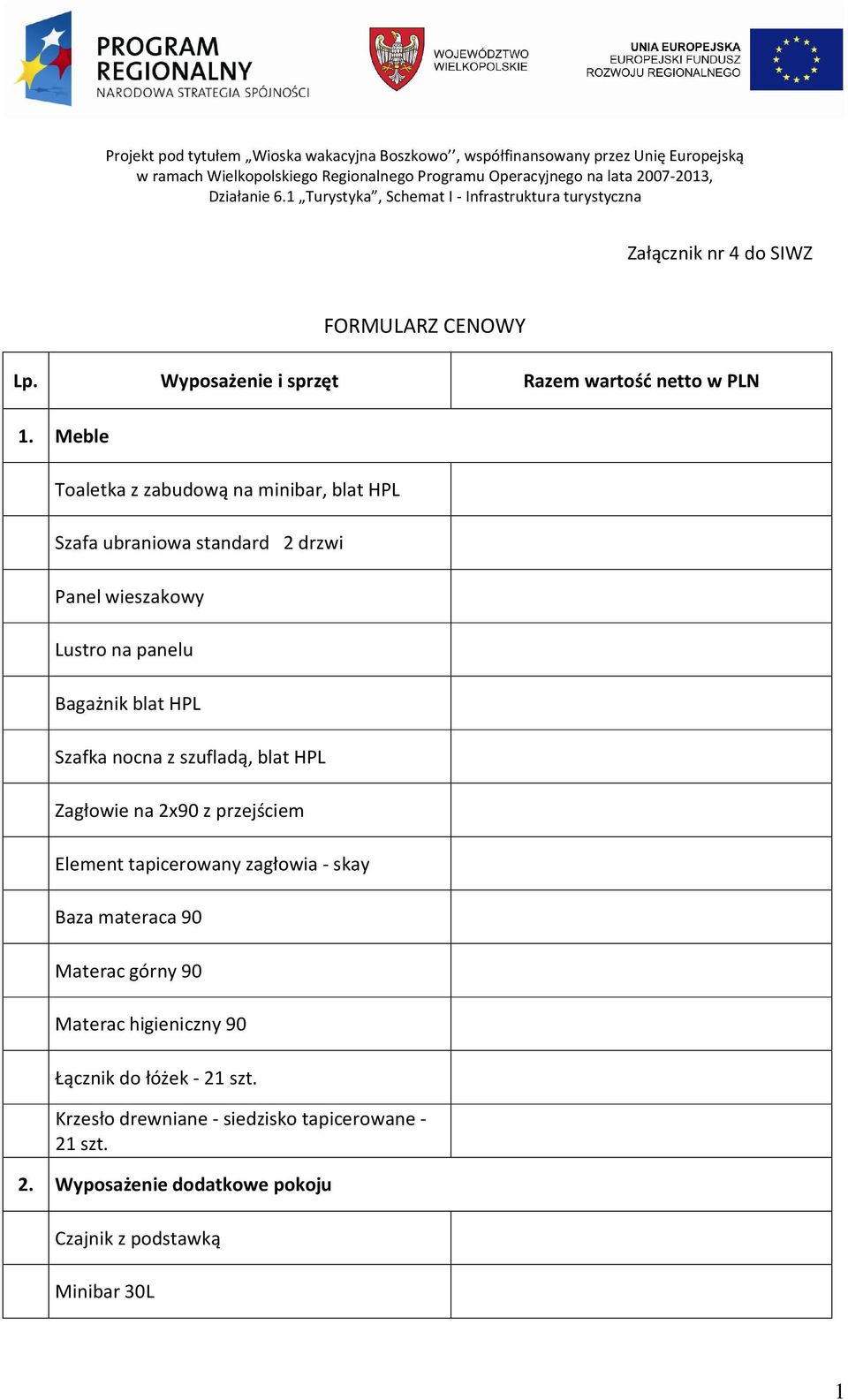 Meble Toaletka z zabudową na minibar, blat HPL Szafa ubraniowa standard 2 drzwi Panel wieszakowy Lustro na panelu Bagażnik blat HPL Szafka nocna z szufladą, blat HPL Zagłowie na 2x90 z