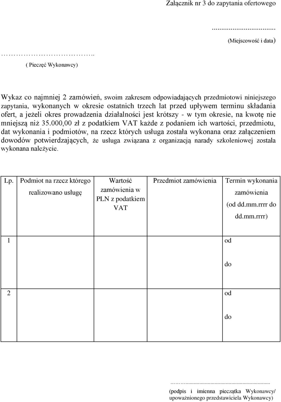 terminu składania ofert, a jeżeli okres prowadzenia działalności jest krótszy - w tym okresie, na kwotę nie mniejszą niż 35.