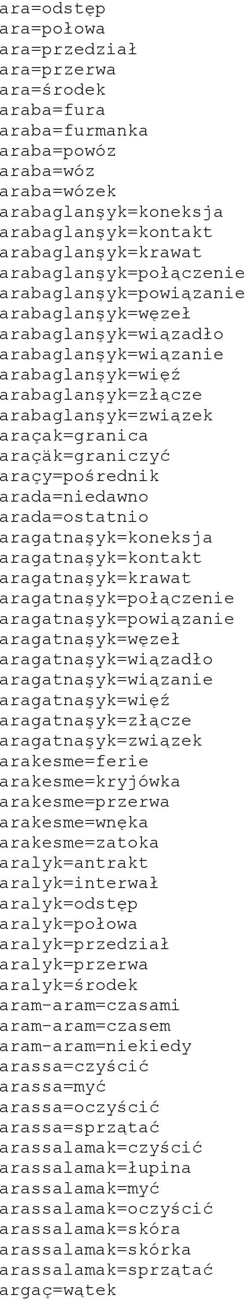 araçäk=graniczyć araçy=pośrednik arada=niedawno arada=ostatnio aragatnaşyk=koneksja aragatnaşyk=kontakt aragatnaşyk=krawat aragatnaşyk=połączenie aragatnaşyk=powiązanie aragatnaşyk=węzeł
