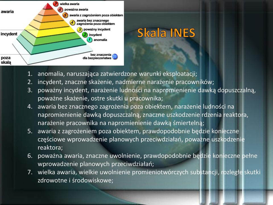 awaria bez znacznego zagrożenia poza obiektem, narażenie ludności na napromienienie dawką dopuszczalną, znaczne uszkodzenie rdzenia reaktora, narażenie pracownika na napromienienie dawką śmiertelną;