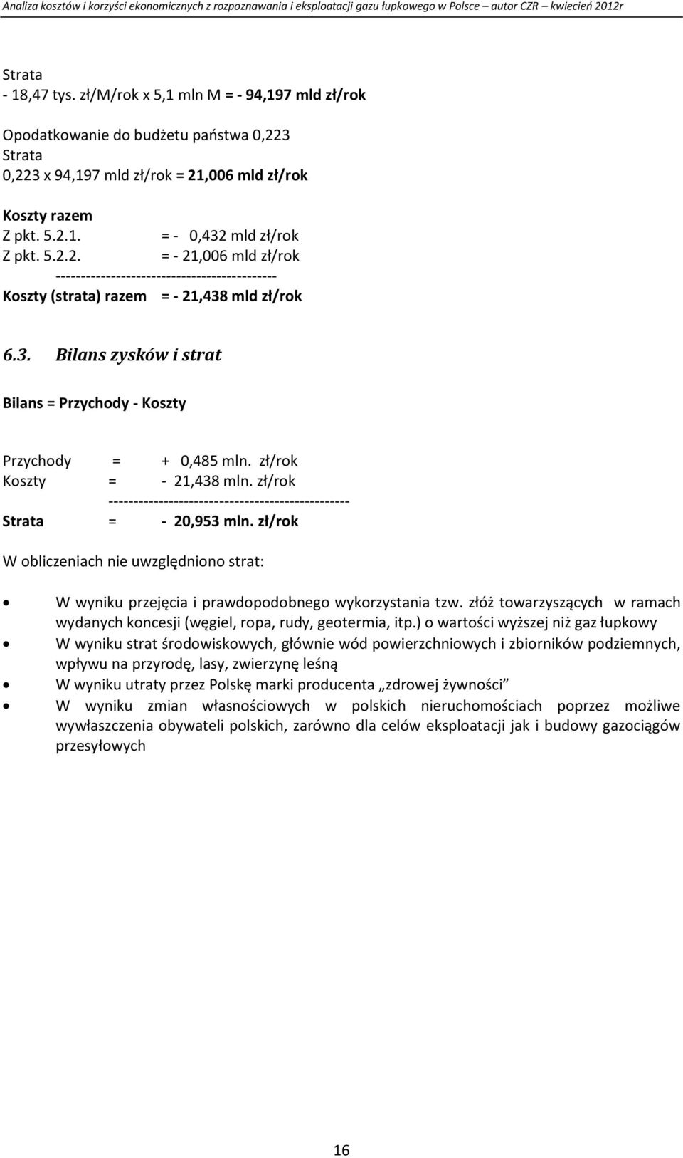 zł/rok Koszty = - 21,438 mln. zł/rok ------------------------------------------------ Strata = - 20,953 mln.