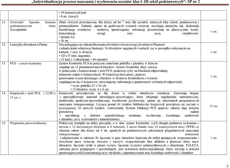 Zadania, oparte na graficznych wzorach zwierząt, rozwijają motorykę rąk, doskonalą koordynację wzrokowo - ruchową, spostrzeganie, orientację przestrzenną na płaszczyźnie kartki, koncentrację uwagi