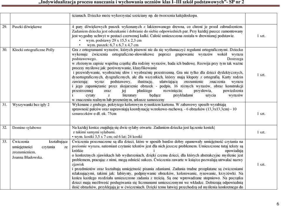 wym. podstawy 29 x 15,5 x 2,3 cm wym. puszek: 6,7 x 6,7 x 4,7 cm 30. Klocki ortograficzne Polly Gra z ortogramami wyrazów, których pisowni nie da się wytłumaczyć regułami ortograficznymi.