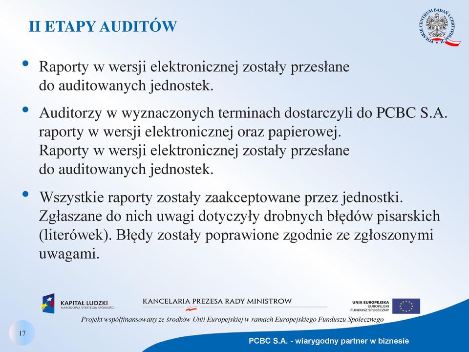 Raporty w wersji elektronicznej zostały przesłane do auditowanych jednostek.