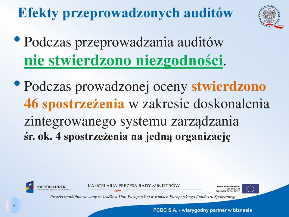 Podczas prowadzonej oceny stwierdzono 46 spostrzeżenia w