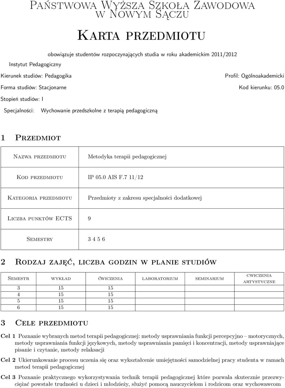 0 Stopień studiów: I Specjalności: Wychowanie przedszkolne z terapią pedagogiczną 1 Przedmiot Nazwa Metodyka terapii pedagogicznej Kod IP 05.0 AIS F.