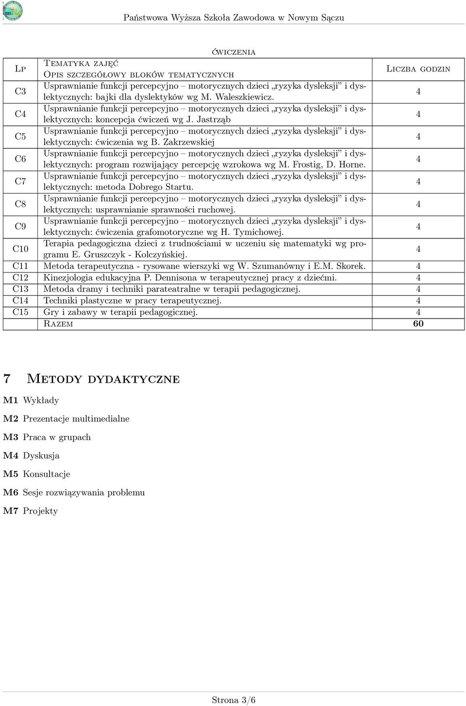 C10 Terapia pedagogiczna dzieci z trudnościami w uczeniu się matematyki wg programu E. Gruszczyk - Kolczyńskiej. C11 Metoda terapeutyczna - rysowane wierszyki wg W. Szumanówny i E.M. Skorek.