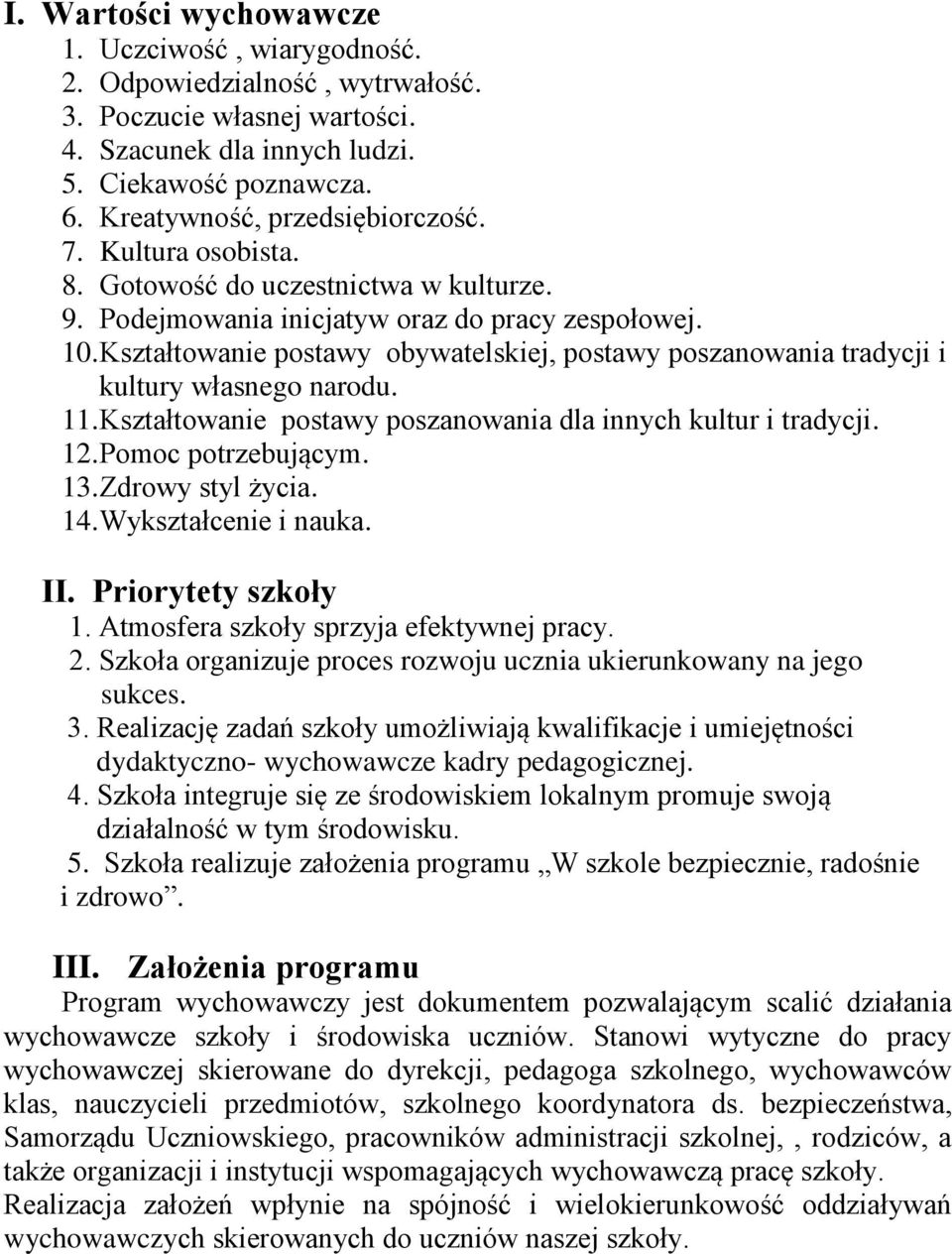 Kształtowanie postawy obywatelskiej, postawy poszanowania tradycji i kultury własnego narodu. 11. Kształtowanie postawy poszanowania dla innych kultur i tradycji. 12. Pomoc potrzebującym. 13.