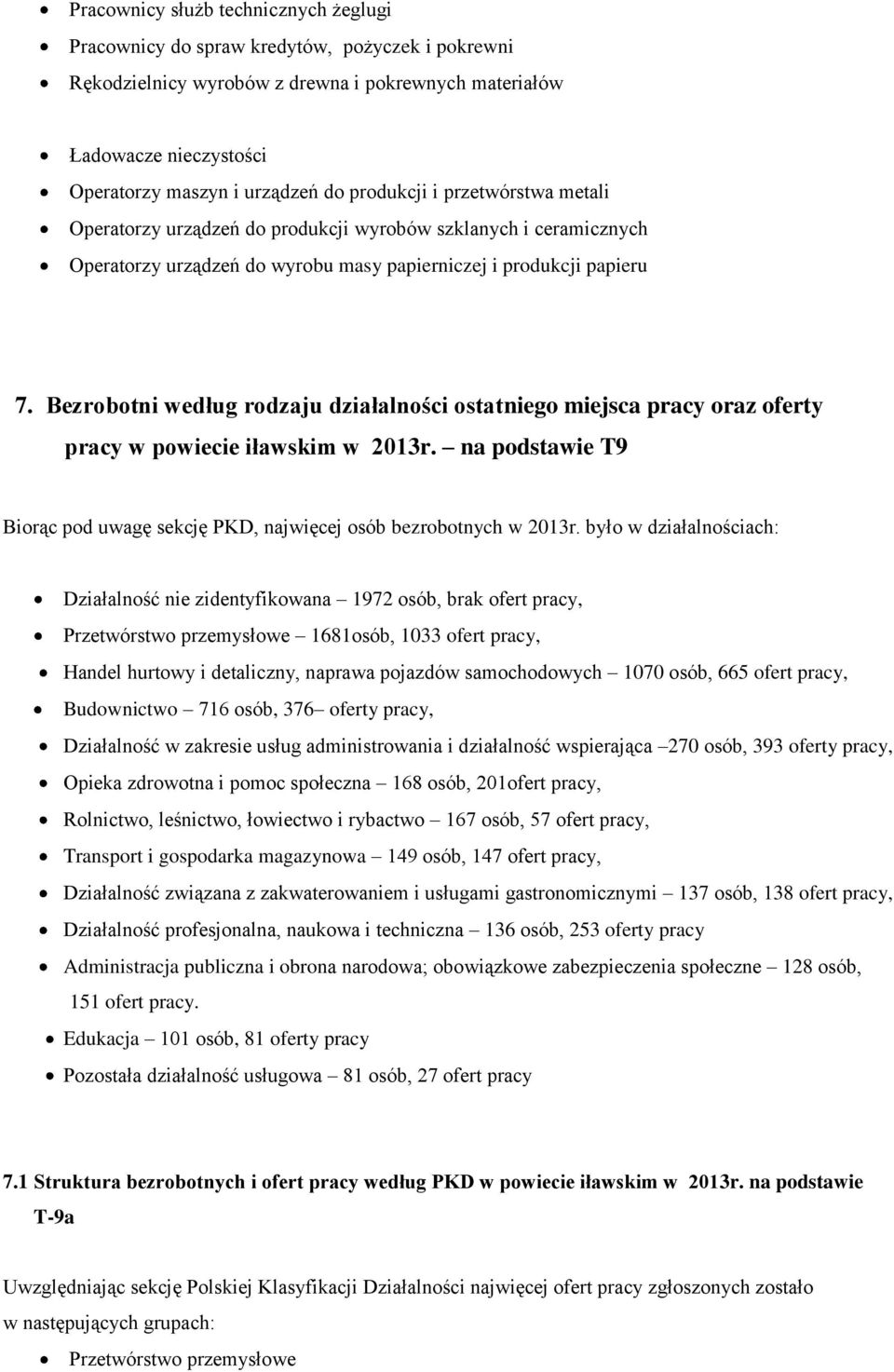 Bezrobotni według rodzaju działalności ostatniego miejsca pracy oraz oferty pracy w powiecie iławskim w 2013r. na podstawie T9 Biorąc pod uwagę sekcję PKD, najwięcej osób bezrobotnych w 2013r.