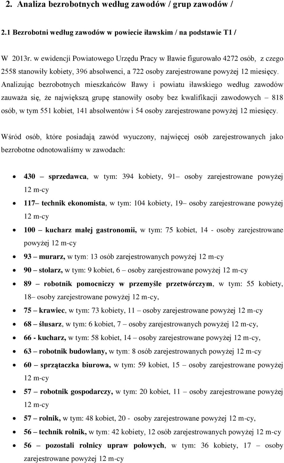 Analizując bezrobotnych mieszkańców Iławy i powiatu iławskiego według zawodów zauważa się, że największą grupę stanowiły osoby bez kwalifikacji zawodowych 818 osób, w tym 551 kobiet, 141 absolwentów