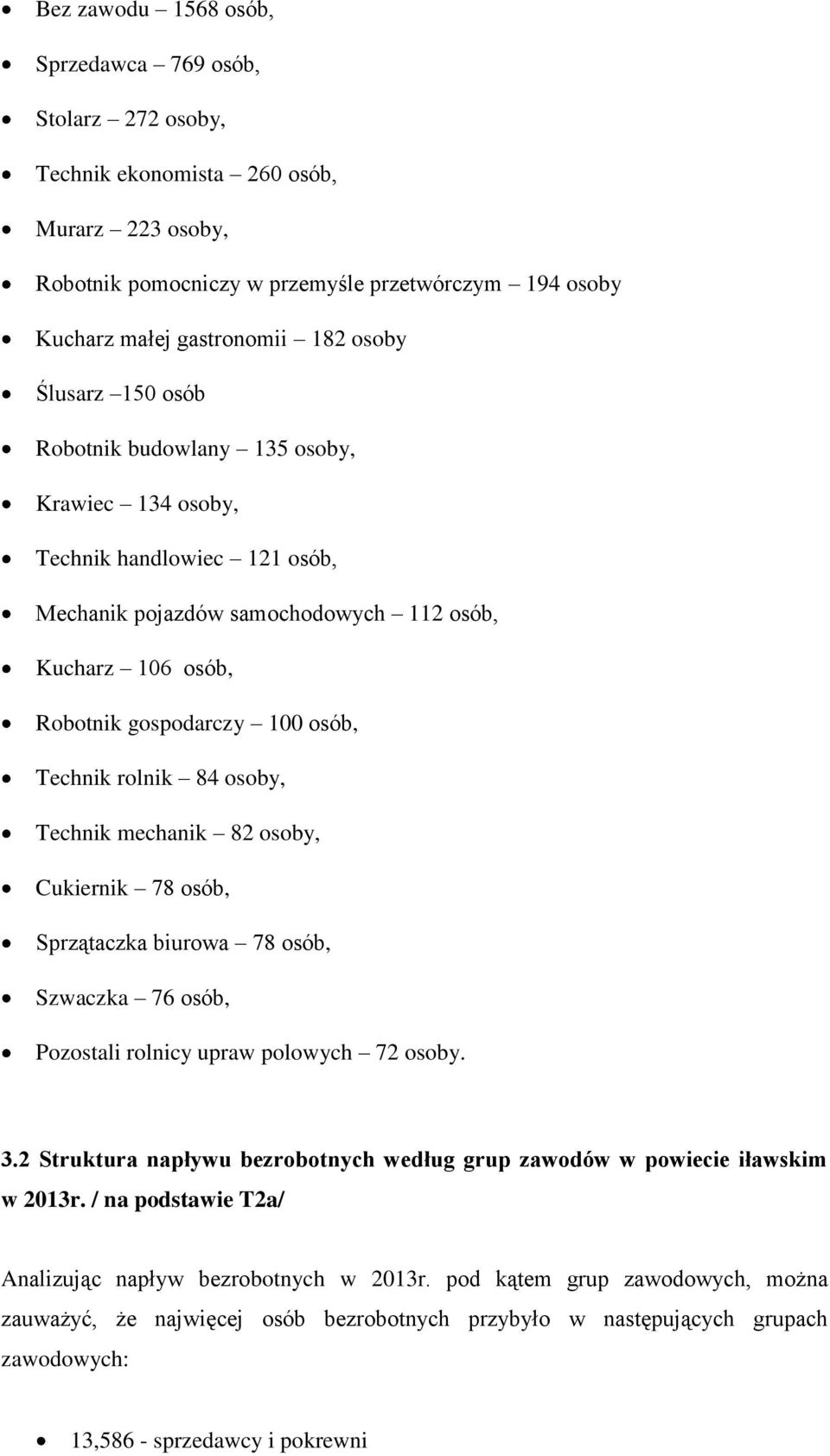 rolnik 84 osoby, Technik mechanik 82 osoby, Cukiernik 78 osób, Sprzątaczka biurowa 78 osób, Szwaczka 76 osób, Pozostali rolnicy upraw polowych 72 osoby. 3.