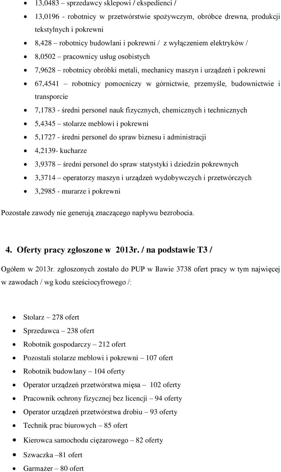 transporcie 7,1783 - średni personel nauk fizycznych, chemicznych i technicznych 5,4345 stolarze meblowi i pokrewni 5,1727 - średni personel do spraw biznesu i administracji 4,2139- kucharze 3,9378