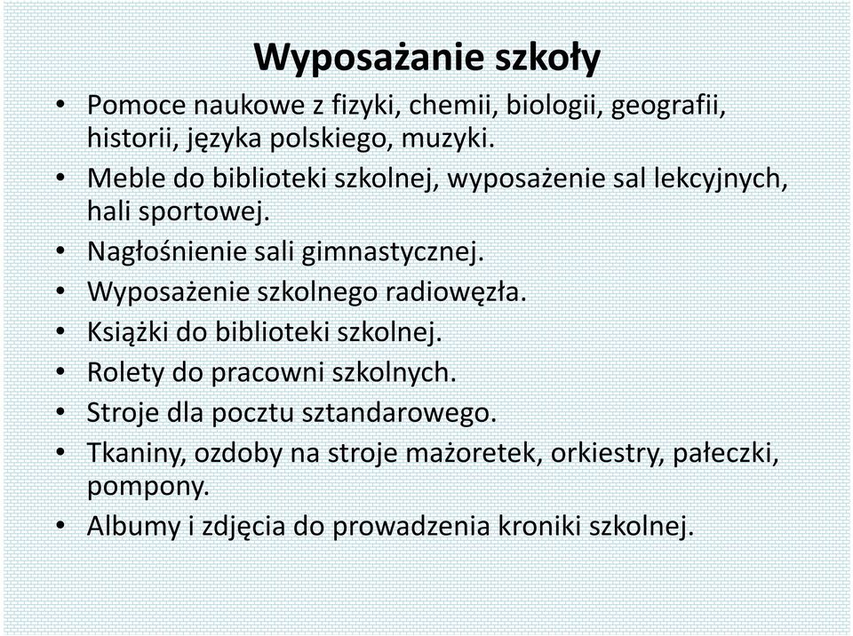 Wyposażenie szkolnego radiowęzła. Książki do biblioteki szkolnej. Rolety do pracowni szkolnych.