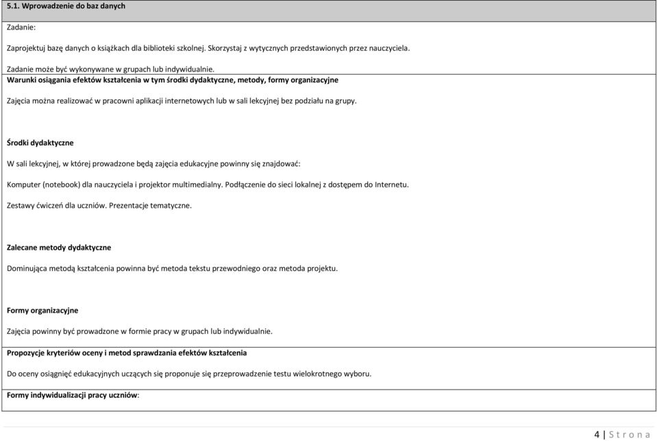 Warunki osiągania efektów kształcenia w tym środki dydaktyczne, metody, formy organizacyjne Zajęcia można realizować w pracowni aplikacji internetowych lub w sali lekcyjnej bez podziału na grupy.