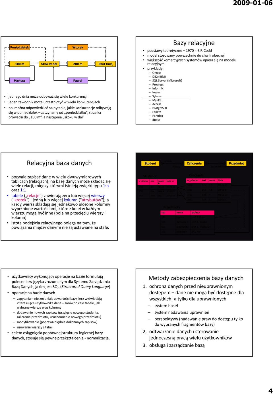 E.F. Codd model stosowany powszechnie do chwili obecnej większość komercyjnych systemów opiera się na modelu relacyjnym przykłady: Oracle DB2 (IBM) SQL Server (Microsoft) Progress Informix Ingres