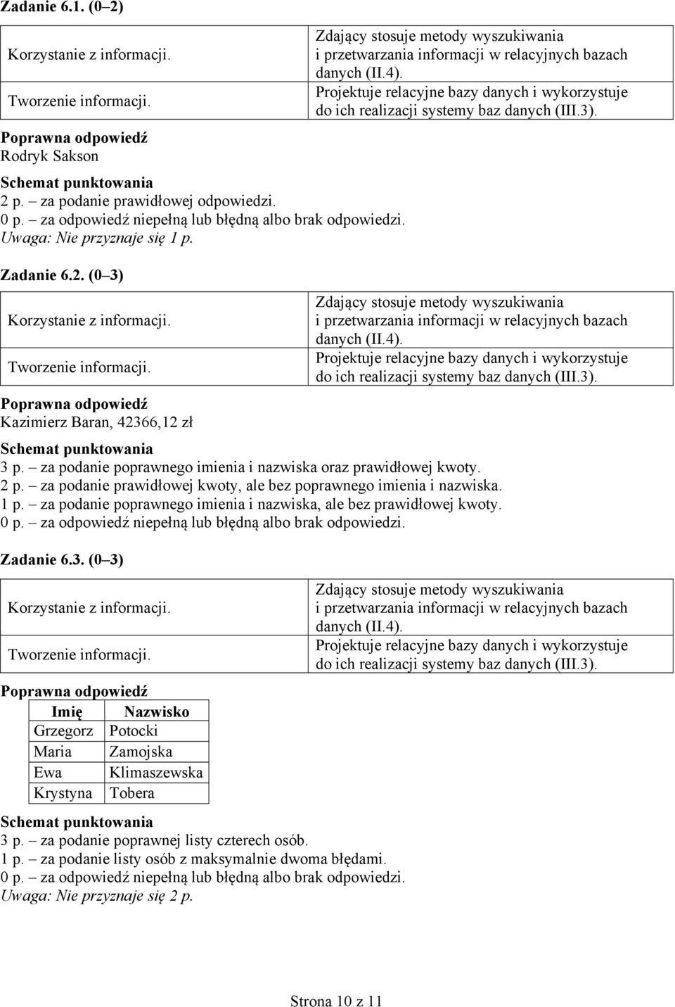 2 p. za podanie prawidłowej kwoty, ale bez poprawnego imienia i nazwiska. 1 p. za podanie poprawnego imienia i nazwiska, ale bez prawidłowej kwoty. Zadanie 6.3.