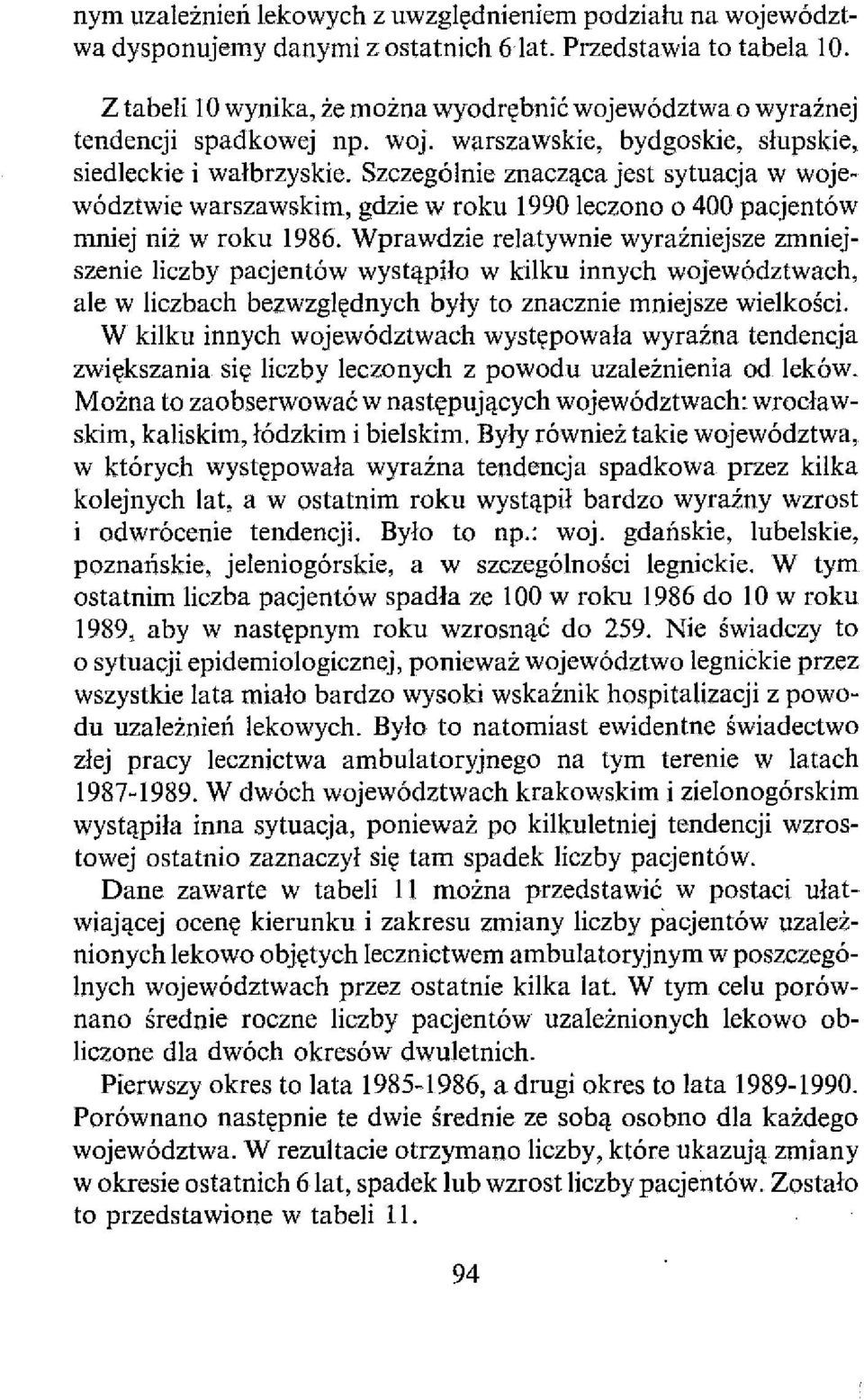 Szczególnie znacząca jest sytuacja w województwie warszawskim, gdzie w roku 1990 leczono o 400 pacjentów mniej niż w roku 1986.