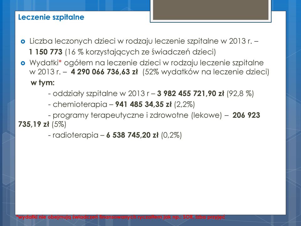 4 290 066 736,63 zł (52% wydatków na leczenie dzieci) w tym: - oddziały szpitalne w 2013 r 3 982 455 721,90 zł (92,8 %) - chemioterapia 941