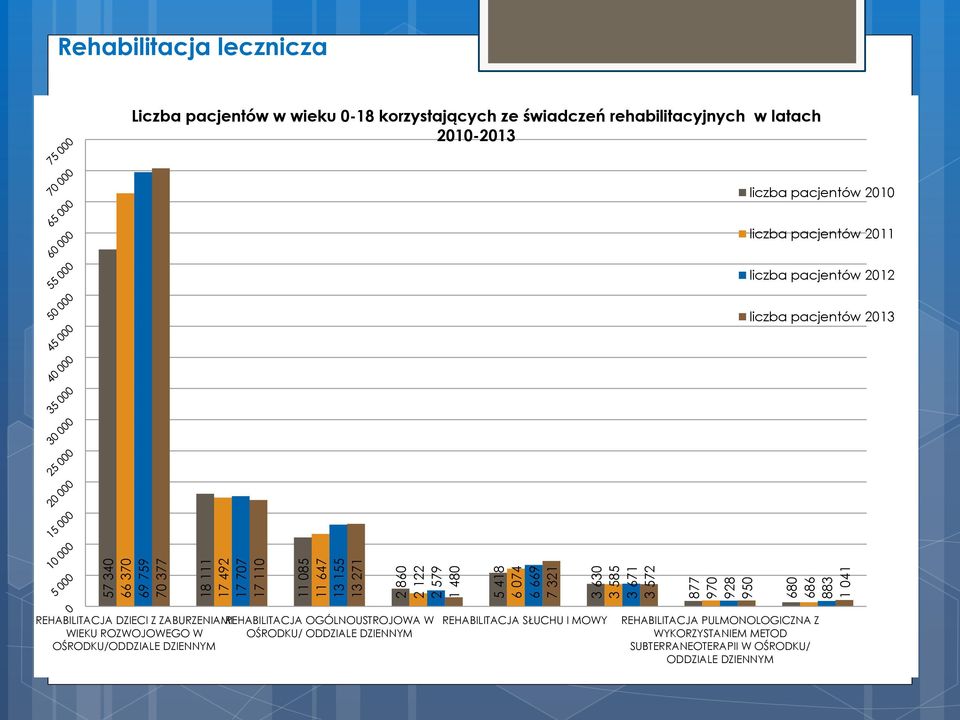liczba pacjentów 2011 liczba pacjentów 2012 liczba pacjentów 2013 REHABILITACJA DZIECI Z ZABURZENIAMI REHABILITACJA OGÓLNOUSTROJOWA W WIEKU ROZWOJOWEGO W OŚRODKU/