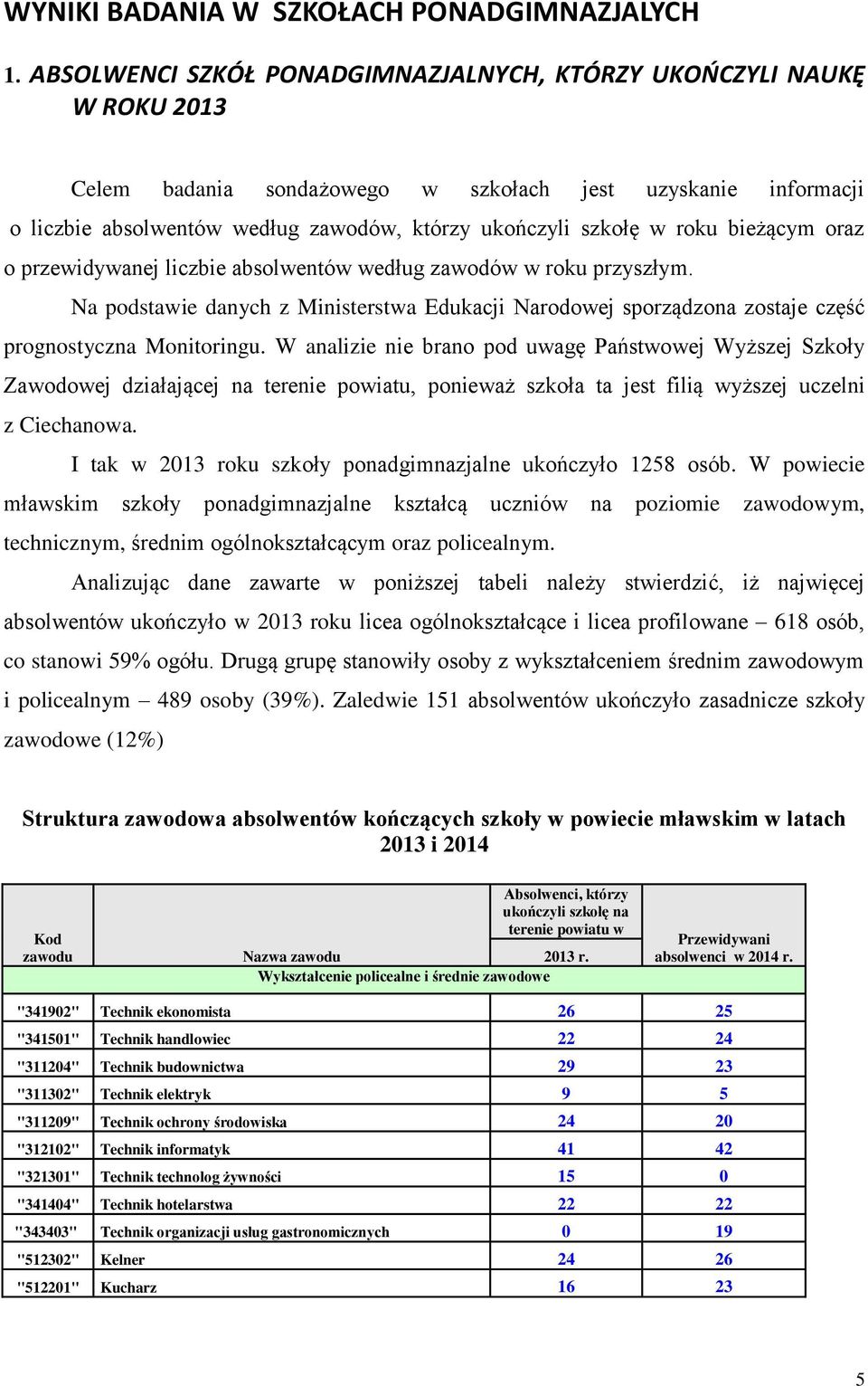 roku bieżącym oraz o przewidywanej liczbie absolwentów według zawodów w roku przyszłym. Na podstawie danych z Ministerstwa Edukacji Narodowej sporządzona zostaje część prognostyczna Monitoringu.